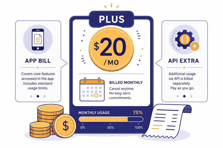 Subscription calculator card labeled PLUS $20/MO with side notes APP BILL and API EXTRA.