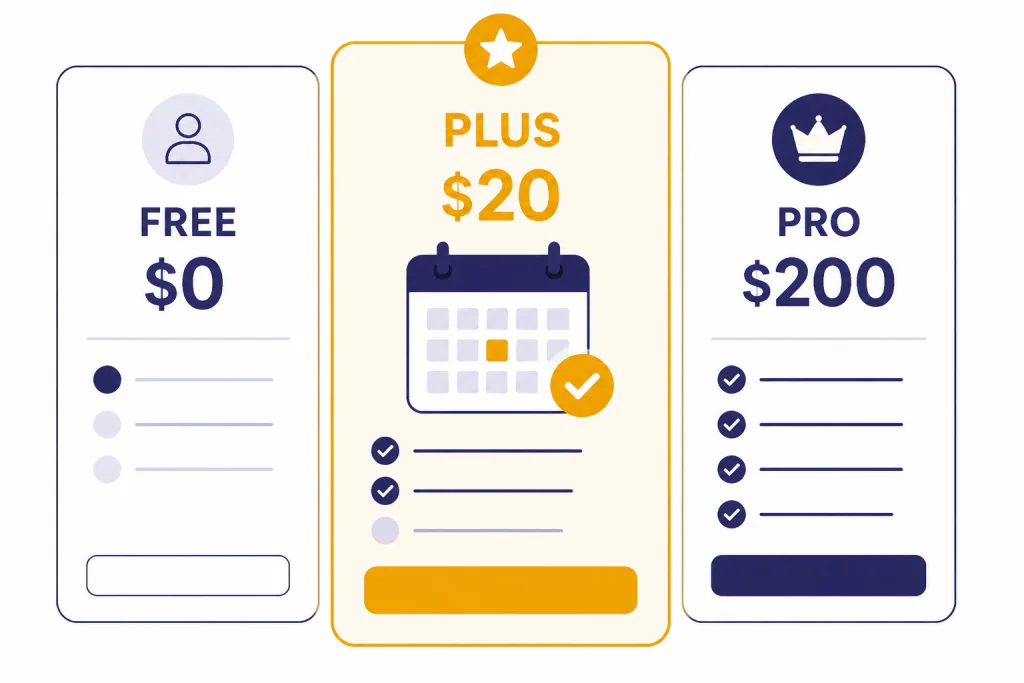 Three plan cards labeled FREE $0, PLUS $20, and PRO $200, with PLUS highlighted.