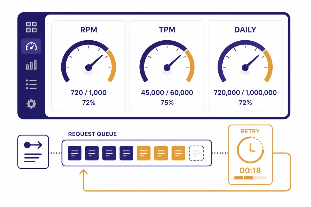 API Rate Limit Dashboard API dashboard with gauges RPM, TPM, DAILY and a request queue connected to a RETRY timer.