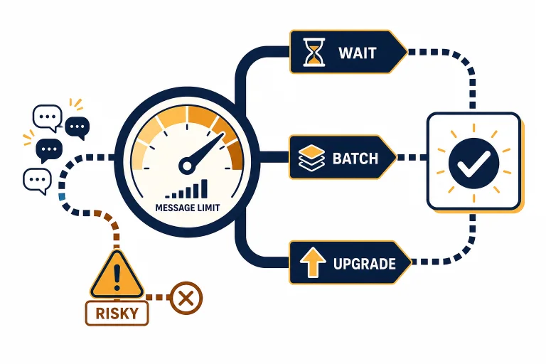 Message-limit meter with safe route arrows labeled WAIT, BATCH, UPGRADE and a blocked RISKY path.