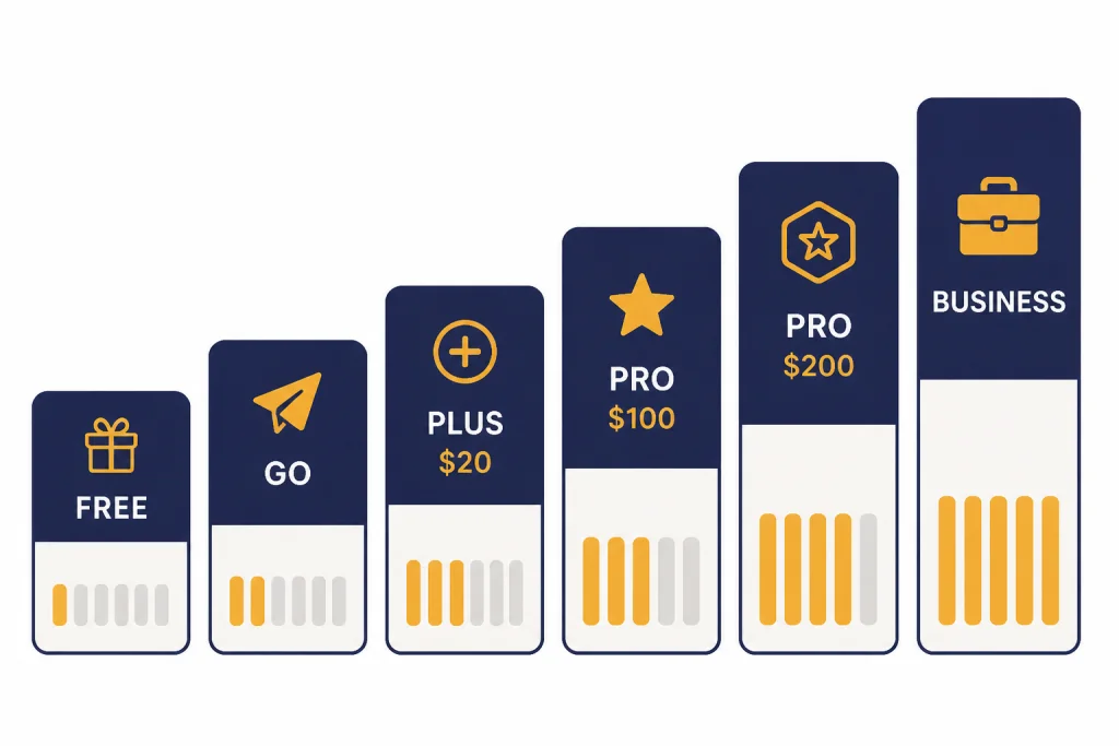 Plan Capacity Tiers Six tier cards labeled FREE, GO, PLUS $20, PRO $100, PRO $200, and BUSINESS with rising capacity bars.
