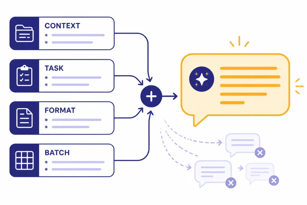 Prompt worksheet with fields CONTEXT, TASK, FORMAT, BATCH feeding one output bubble.