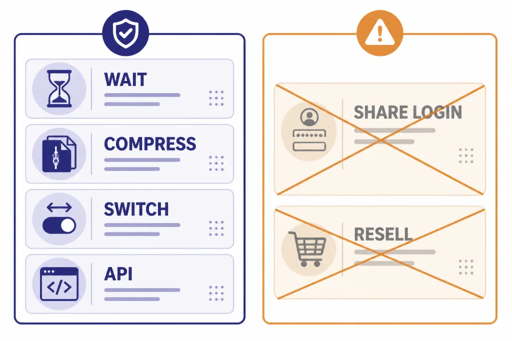 Comparison board with safe cards WAIT, COMPRESS, SWITCH, API and crossed-out SHARE LOGIN and RESELL cards.
