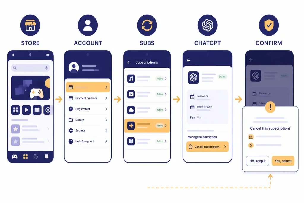 Android subscription path labeled STORE, ACCOUNT, SUBS, CHATGPT, and CONFIRM.
