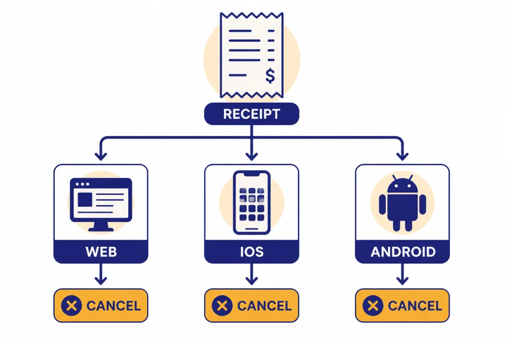 Decision tree from RECEIPT to WEB, IOS, ANDROID, and CANCEL billing-source cards.