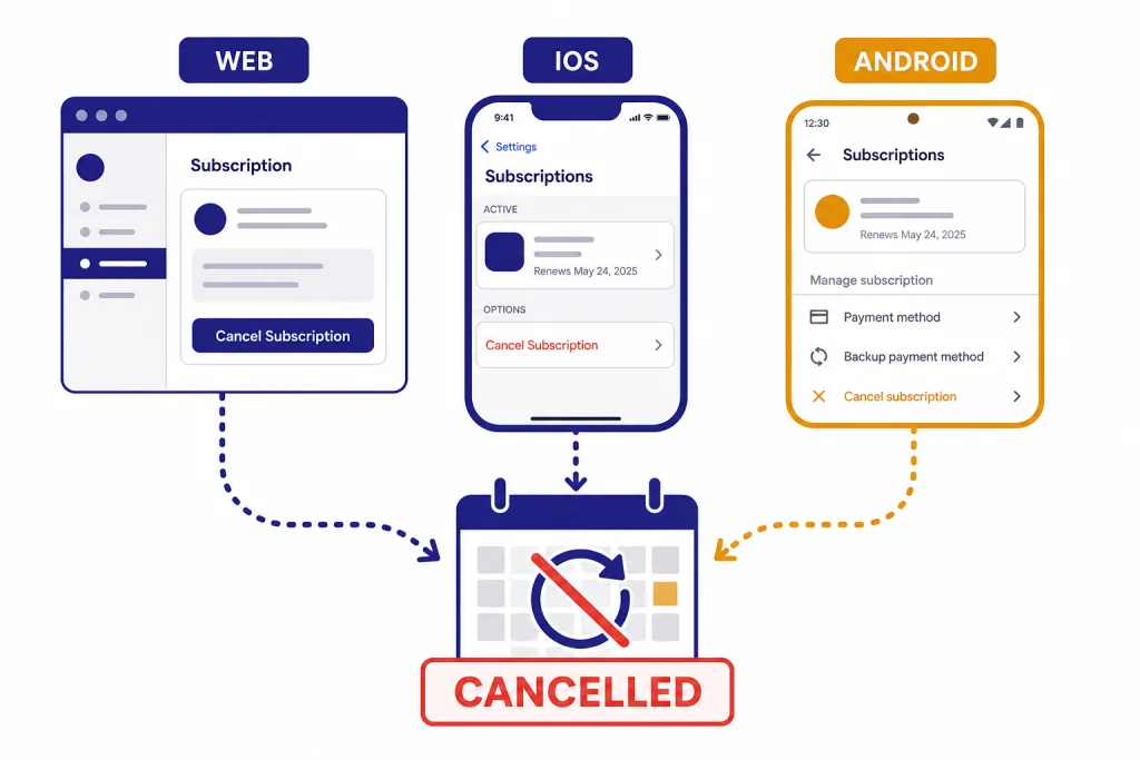 ChatGPT Plus Cancellation Routes Browser, iOS, and Android cancellation routes pointing to a calendar labeled CANCELLED.