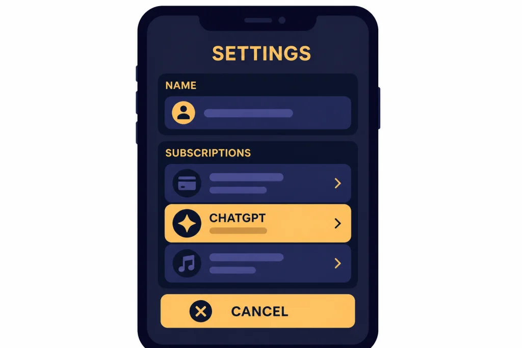 iPhone Subscription Path Phone settings stack labeled SETTINGS, NAME, SUBSCRIPTIONS, CHATGPT, and CANCEL.