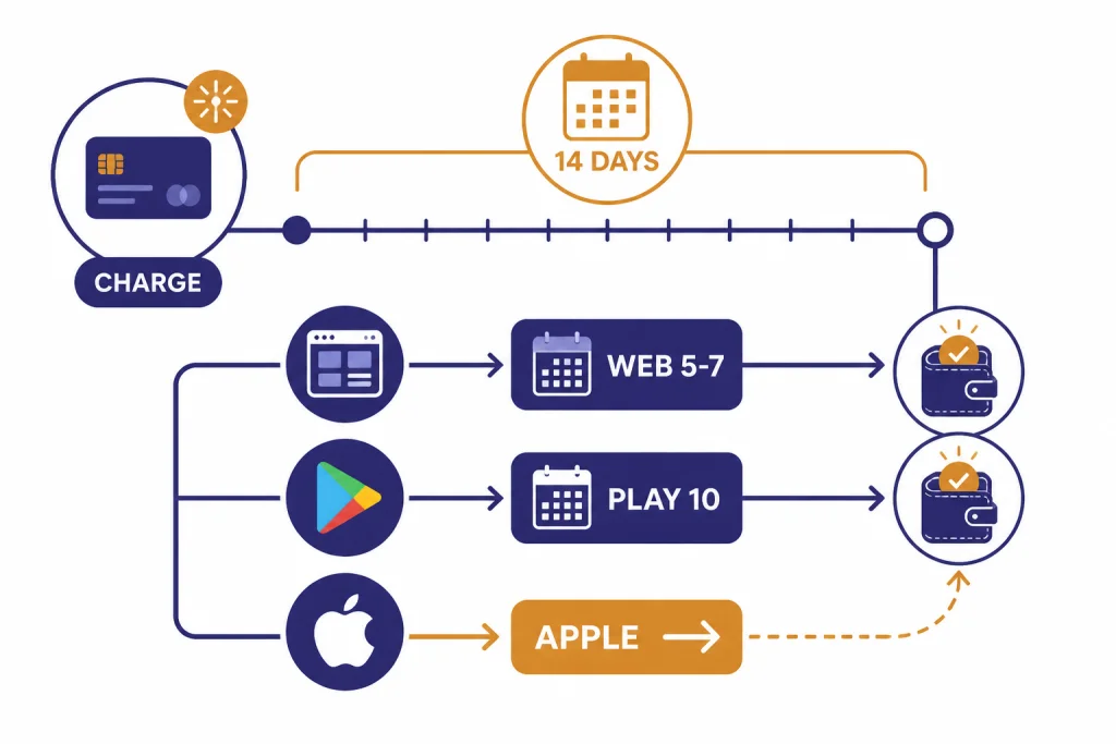 Refund timeline labeled CHARGE, 14 DAYS, WEB 5-7, PLAY 10, and APPLE.