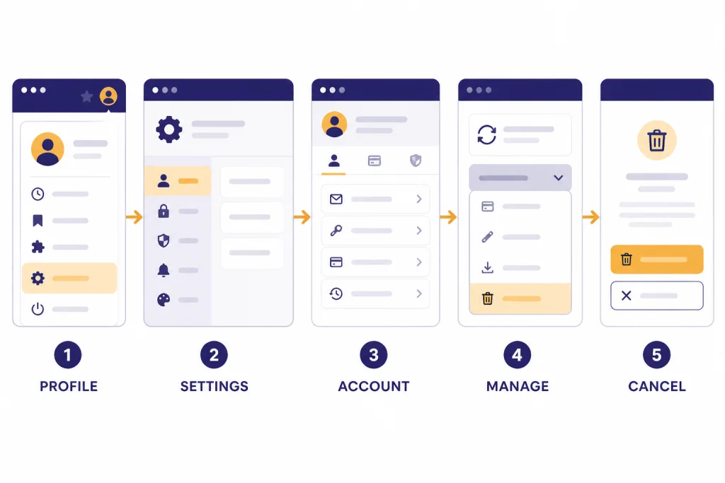 Five web panels labeled PROFILE, SETTINGS, ACCOUNT, MANAGE, and CANCEL in order.