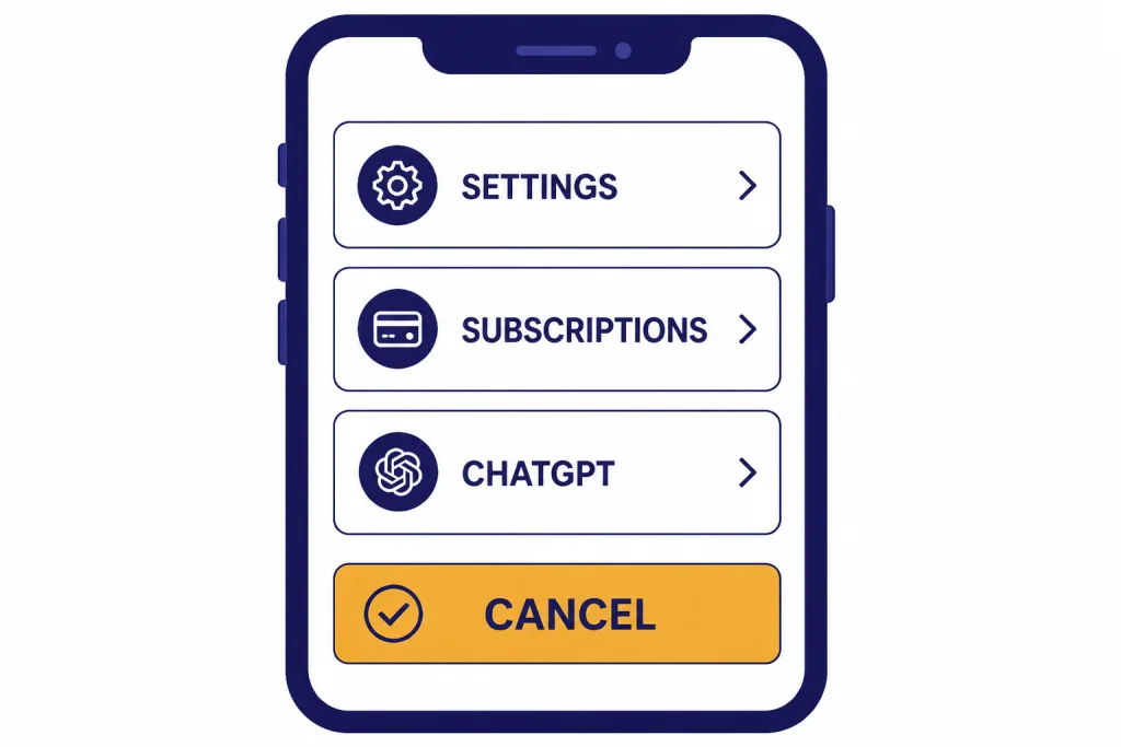 Phone settings flow labeled SETTINGS, SUBSCRIPTIONS, CHATGPT, and CANCEL with confirmation check.