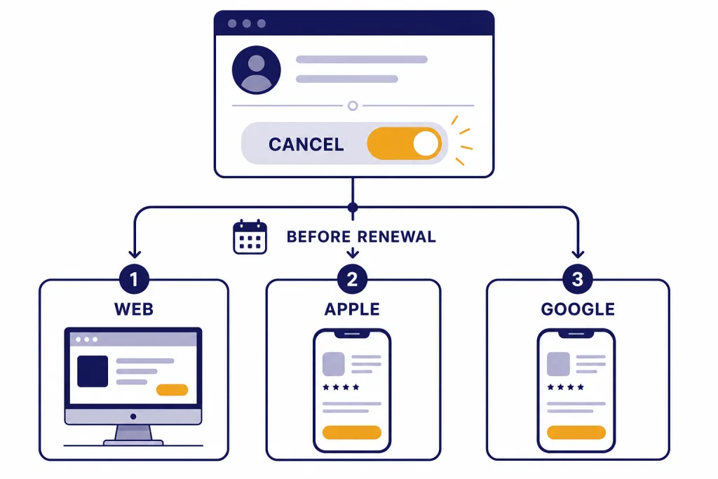 ChatGPT Cancellation Paths Subscription panel branching to cards labeled WEB, APPLE, GOOGLE, and CANCEL.
