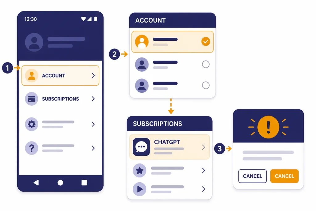 Mobile subscription flow labeled ACCOUNT, SUBSCRIPTIONS, CHATGPT, and CANCEL with account check arrow.