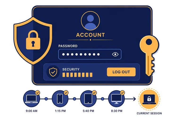 Account security panel labeled ACCOUNT, PASSWORD, SECURITY, and LOG OUT with shield, key, and locked device.