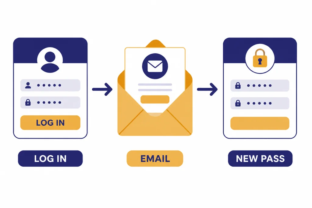 Forgot Password Email Flow Password reset flow labeled LOG IN, EMAIL, RESET, and NEW PASS connected by arrows.