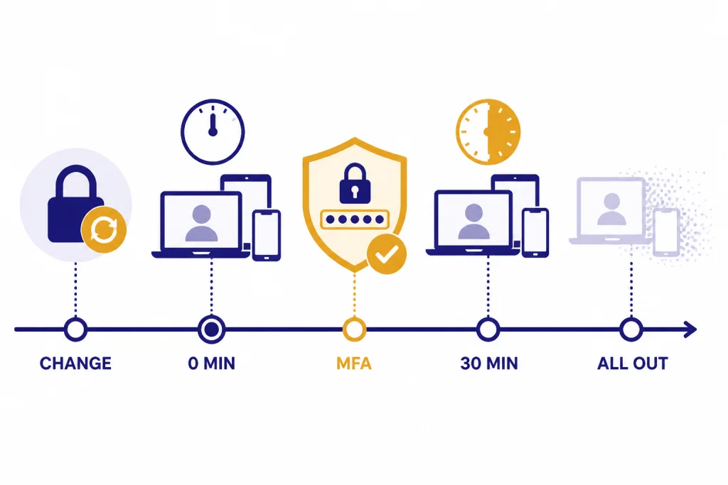 Session Logout Timeline Security cleanup timeline labeled CHANGE, 0 MIN, 30 MIN, MFA, and ALL OUT with devices fading out.