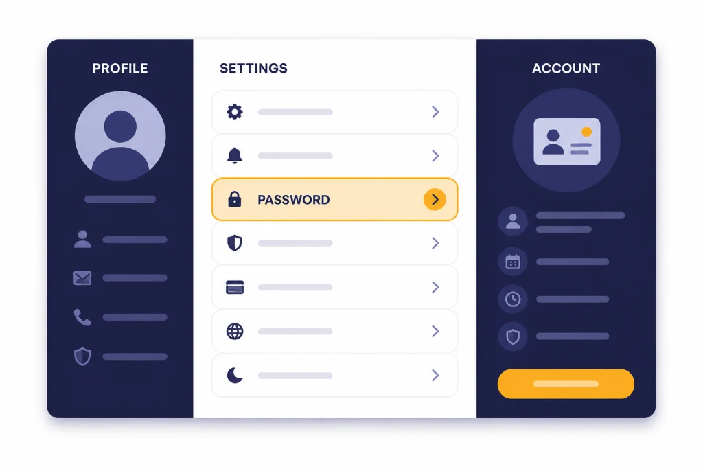 Signed-In Password Settings Settings modal with UI cards labeled PROFILE, SETTINGS, ACCOUNT, and PASSWORD, with password row highlighted.