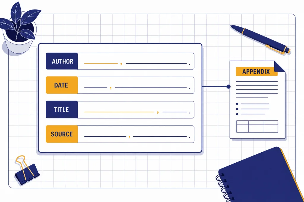 APA Citation Fields APA citation card with fields labeled AUTHOR, DATE, TITLE, SOURCE, and APPENDIX.