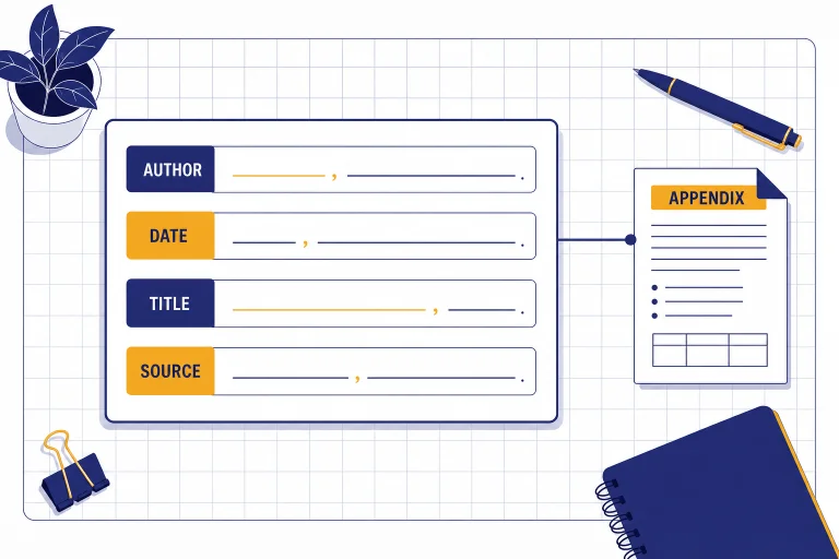 APA citation card with fields labeled AUTHOR, DATE, TITLE, SOURCE, and APPENDIX.