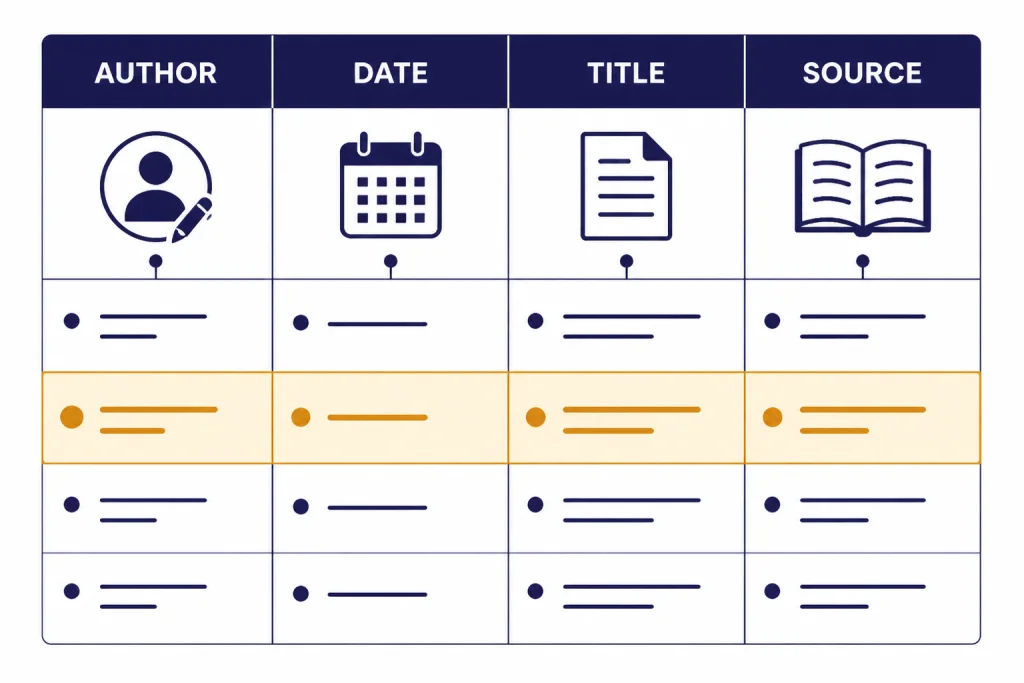 Four APA Reference Elements Four-panel citation builder table labeled AUTHOR, DATE, TITLE, and SOURCE.