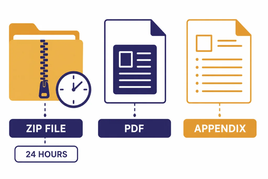Three storage options labeled ZIP FILE, PDF, and APPENDIX, with a 24 HOURS clock near the ZIP FILE.