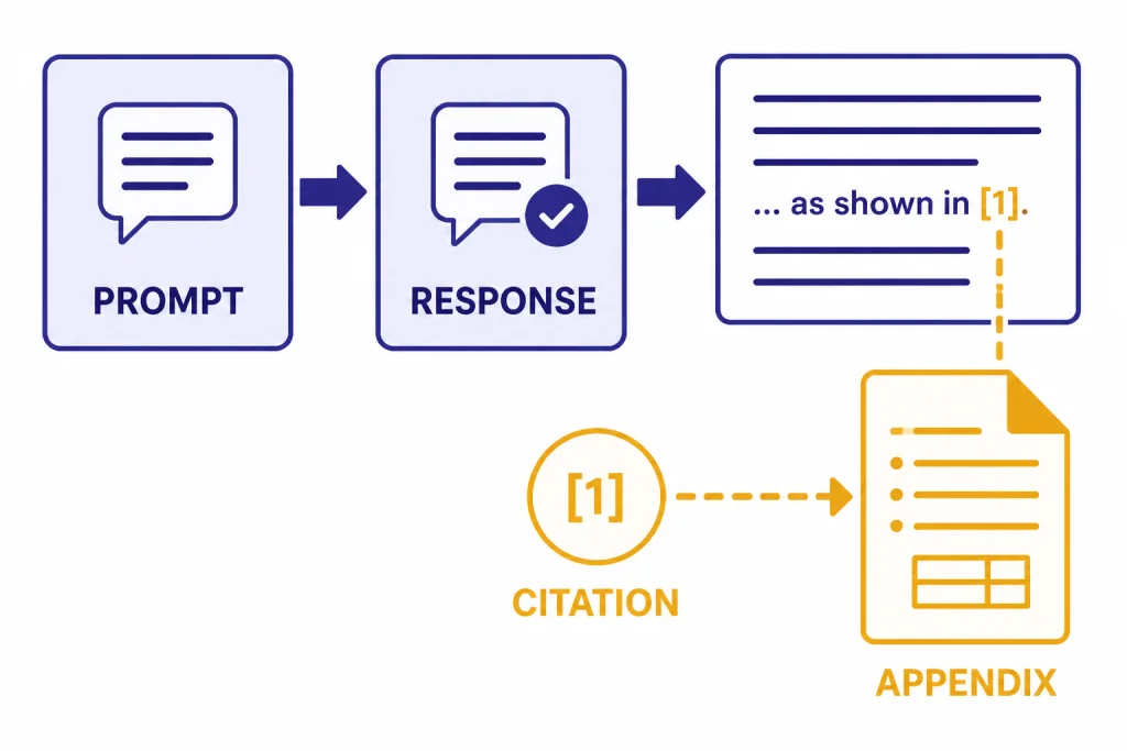 Flow diagram labeled PROMPT, RESPONSE, CITATION, and APPENDIX.