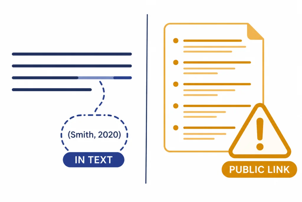 Author-Date Citation Choice Split panel with IN TEXT citation bubble and reference sheet labeled PUBLIC LINK.