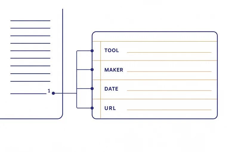 Footnote card with fields labeled TOOL, MAKER, DATE, and URL beside a superscript marker.