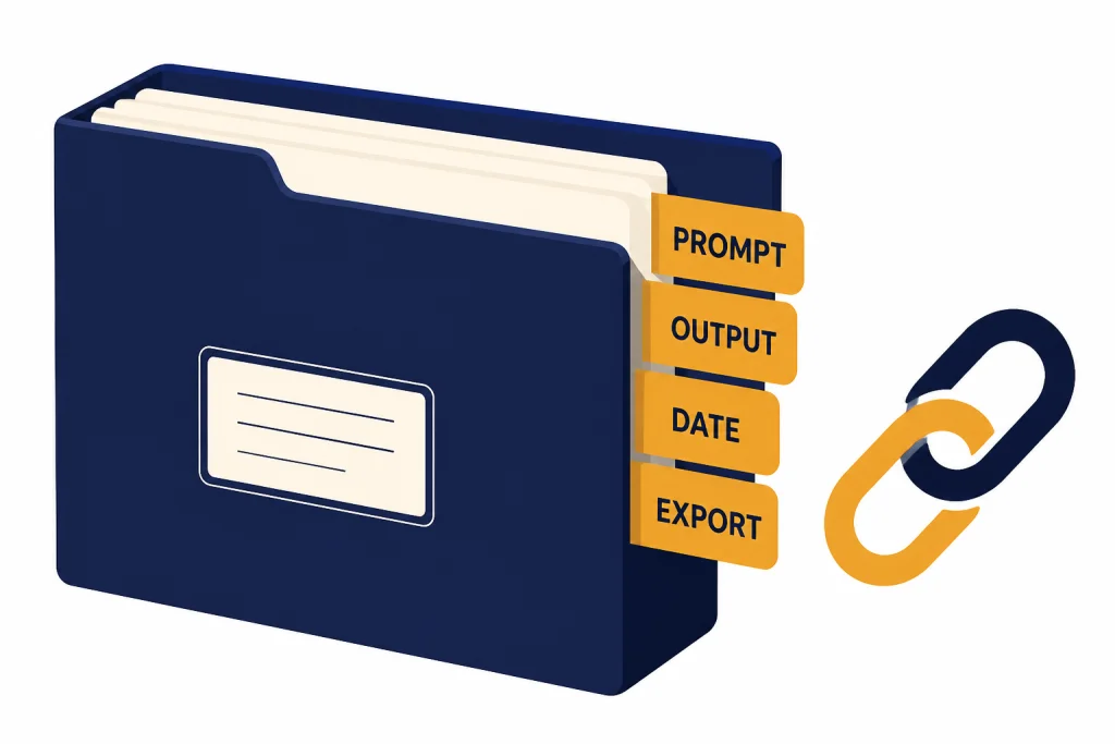 ChatGPT Citation Record Folder Evidence folder with tabs labeled PROMPT, OUTPUT, DATE, and EXPORT plus a link icon.