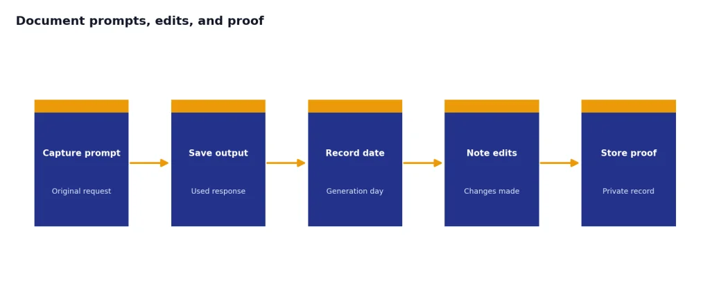 Process with 5 stages: Capture prompt, Save output, Record date, Note edits, Store proof.