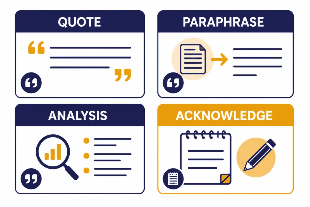 Four cards labeled QUOTE, PARAPHRASE, ANALYSIS, and ACKNOWLEDGE with citation and note icons.