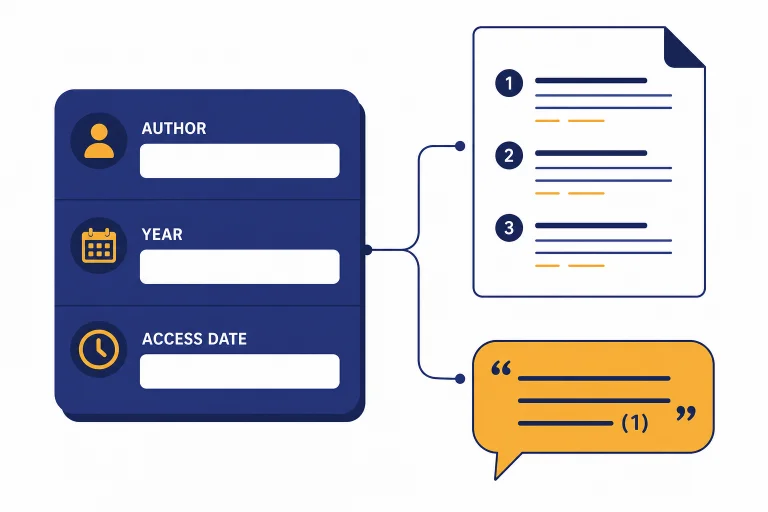Citation builder card with fields labeled AUTHOR, YEAR, and ACCESS DATE connected to a reference list page.