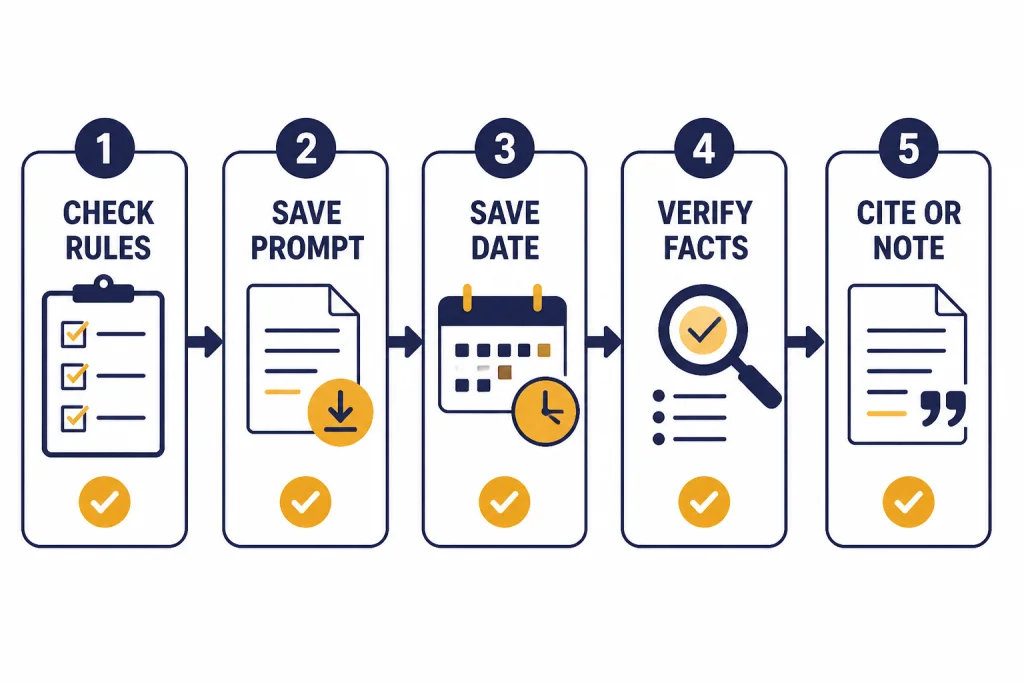 Citation Prep Checklist Five-step checklist labeled CHECK RULES, SAVE PROMPT, SAVE DATE, VERIFY FACTS, and CITE OR NOTE.