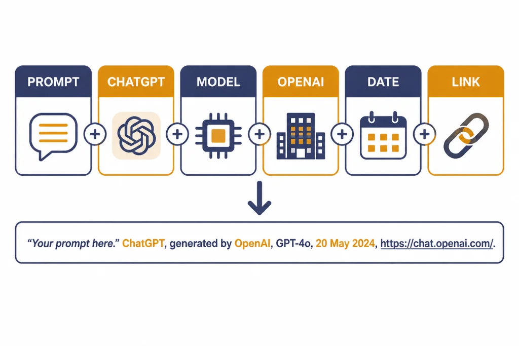 Formula strip with blocks labeled PROMPT, CHATGPT, MODEL, OPENAI, DATE, and LINK.