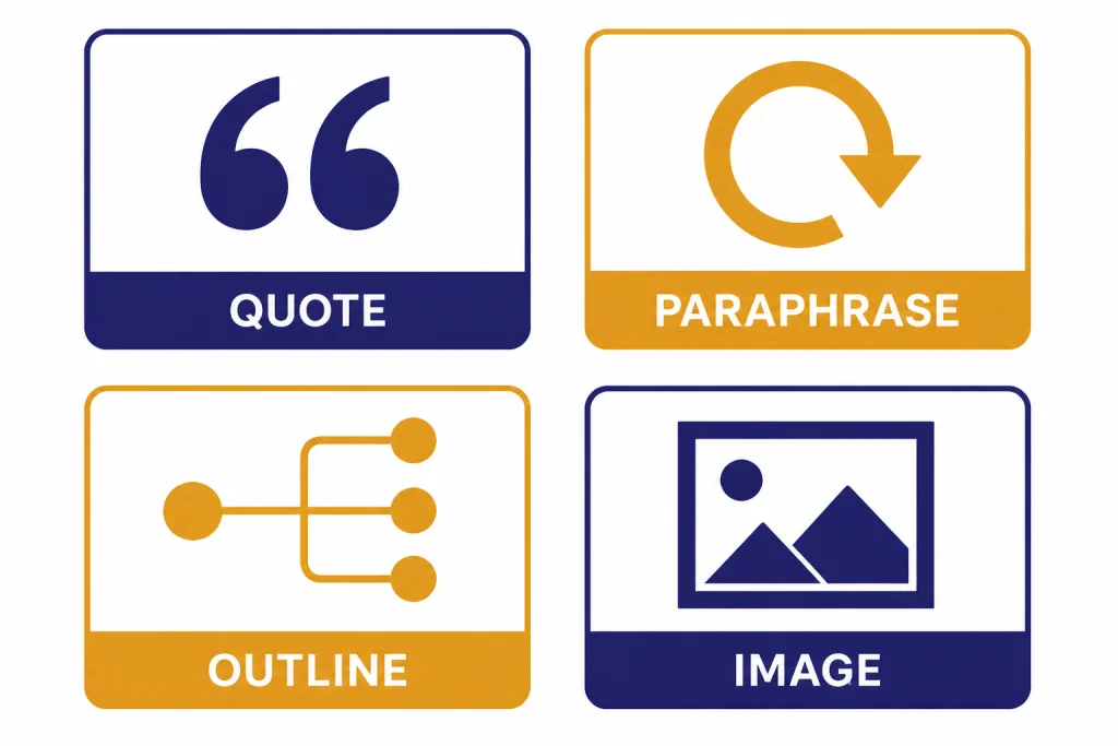 Common Citation Examples Four example cards labeled QUOTE, PARAPHRASE, OUTLINE, and IMAGE with distinct citation-use icons.