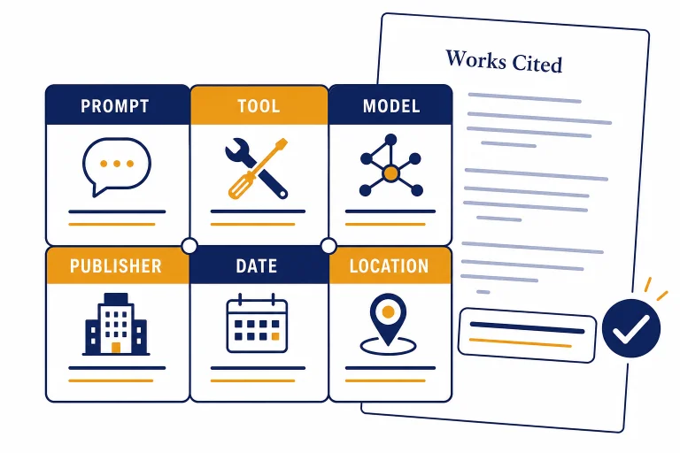 MLA citation card with six tiles labeled PROMPT, TOOL, MODEL, PUBLISHER, DATE, and LOCATION.