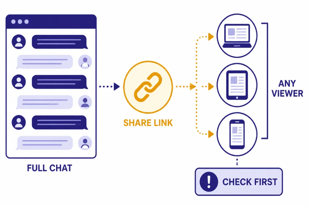 Shared Link Privacy Check Shared-link diagram labeled FULL CHAT, SHARE LINK, ANY VIEWER, and CHECK FIRST.