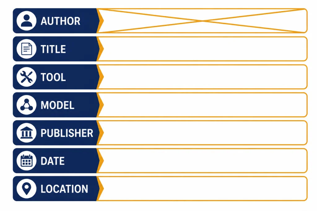 Works Cited Template Works Cited template with AUTHOR crossed out and fields TITLE, TOOL, MODEL, PUBLISHER, DATE, LOCATION.