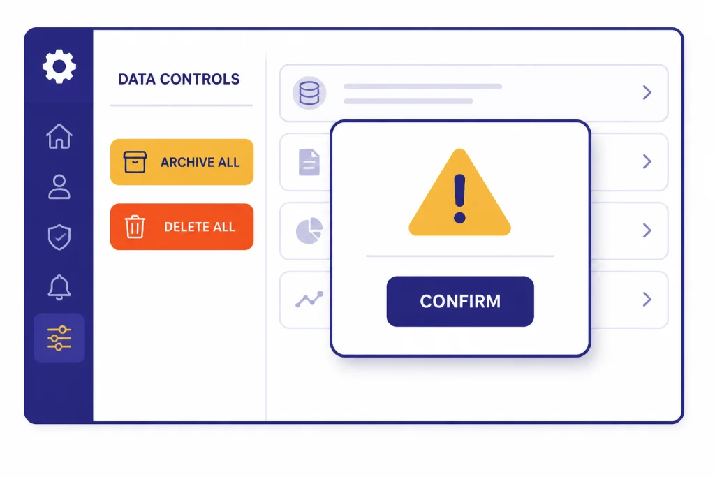 Data controls panel labeled DATA with ARCHIVE ALL, DELETE ALL, and CONFIRM controls.