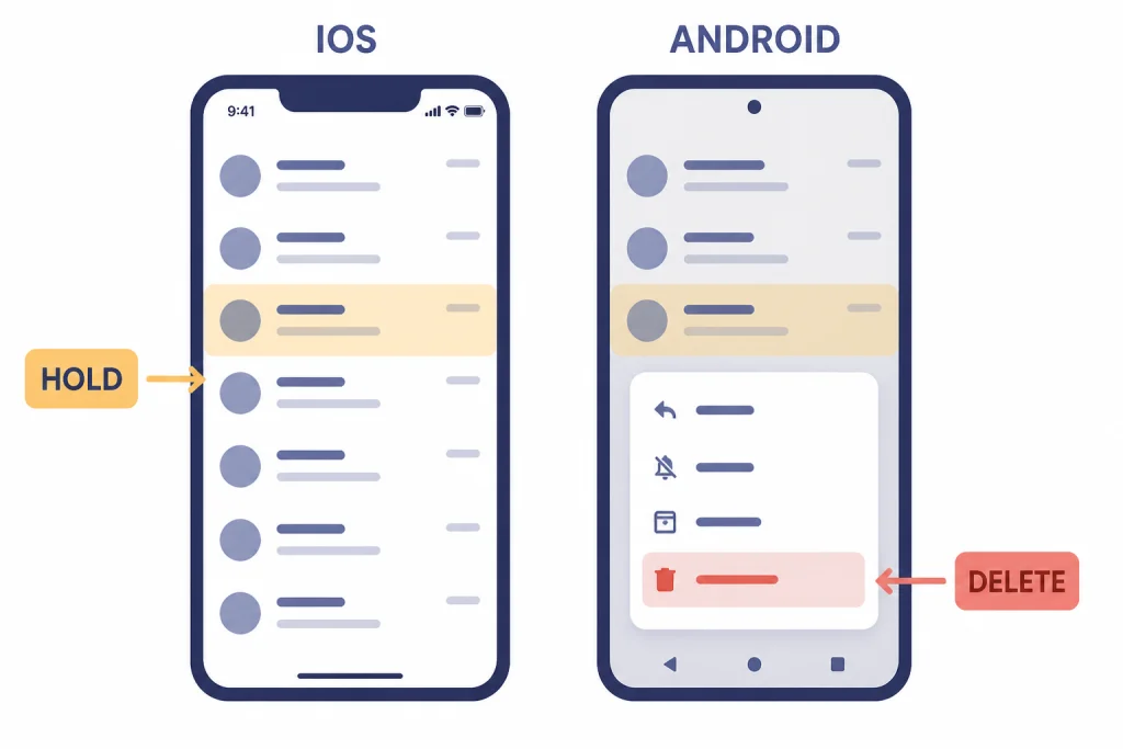 Mobile Chat Deletion Steps Two phone screens labeled IOS and ANDROID with HOLD on a chat row and DELETE in a menu.