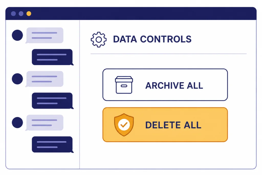 Data Controls Buttons Web settings screen with DATA CONTROLS panel and buttons labeled ARCHIVE ALL and DELETE ALL.