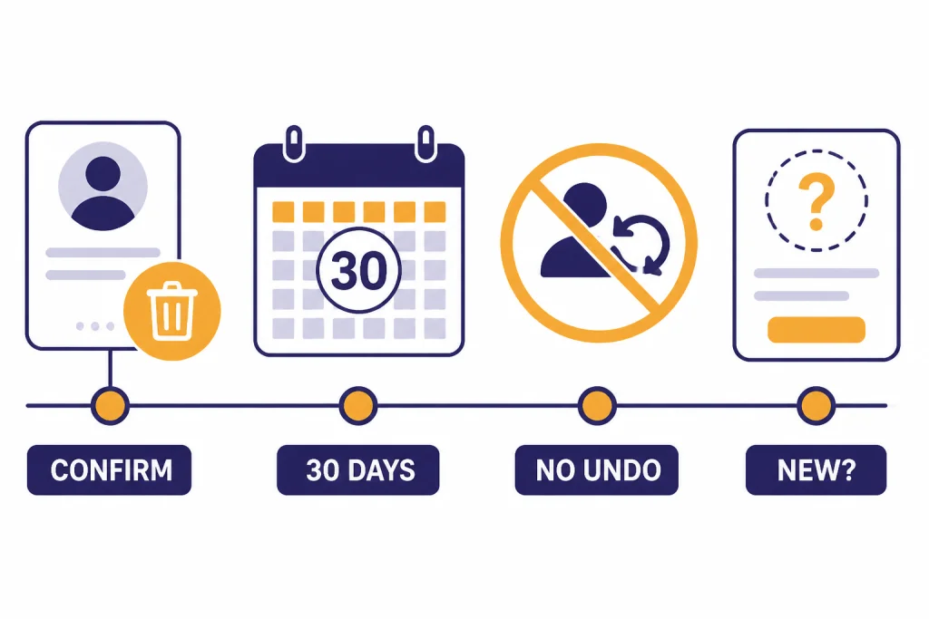 Deletion timeline labeled CONFIRM, 30 DAYS, NO UNDO, and NEW? with blocked reactivation icon.