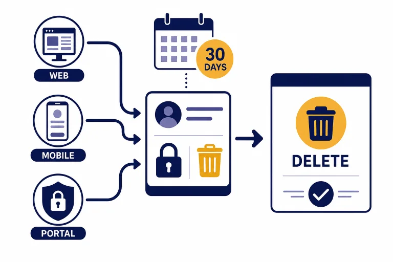Account deletion flow with paths labeled WEB, MOBILE, PORTAL, 30 DAYS, and DELETE.