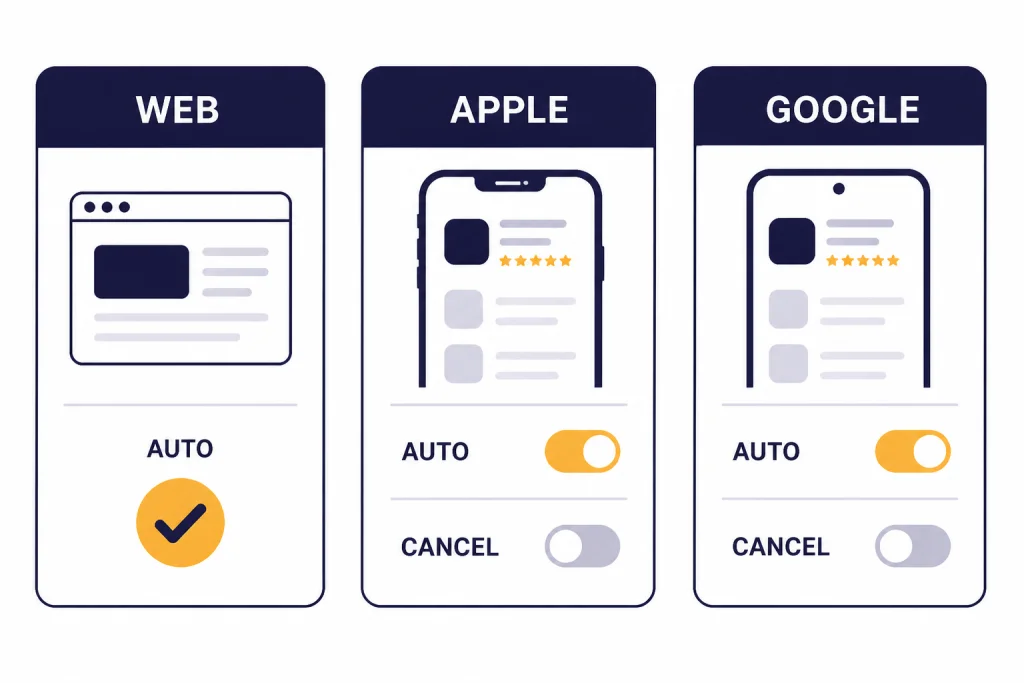Subscription Cancellation Paths Billing cards labeled WEB, APPLE, GOOGLE, AUTO, and CANCEL showing separate store cancellation.