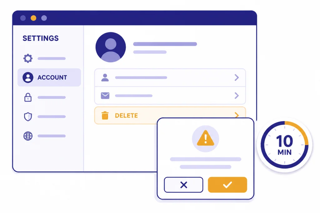 Web Deletion Steps Browser settings panel labeled SETTINGS, ACCOUNT, DELETE, and 10 MIN with confirmation modal.