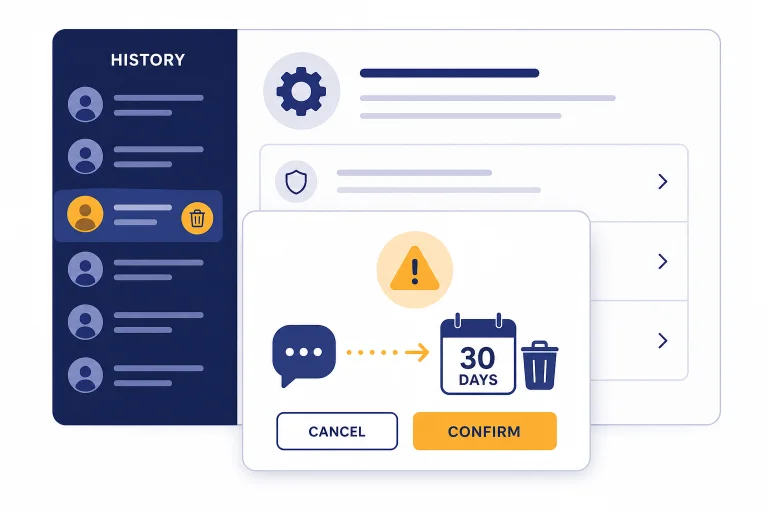 Settings panel with chat history, labels HISTORY, DELETE, CONFIRM, and 30 DAYS, plus a trash bin.