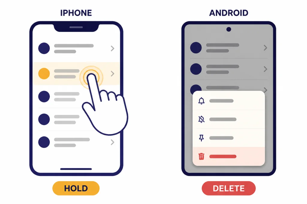 Two phone screens labeled IPHONE and ANDROID with HOLD gesture and DELETE menu row.
