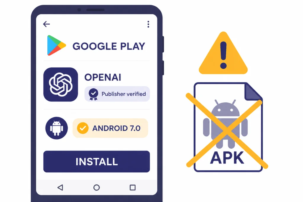 Android store screen labeled GOOGLE PLAY, OPENAI, ANDROID 7.0, and INSTALL, with a crossed-out APK icon.