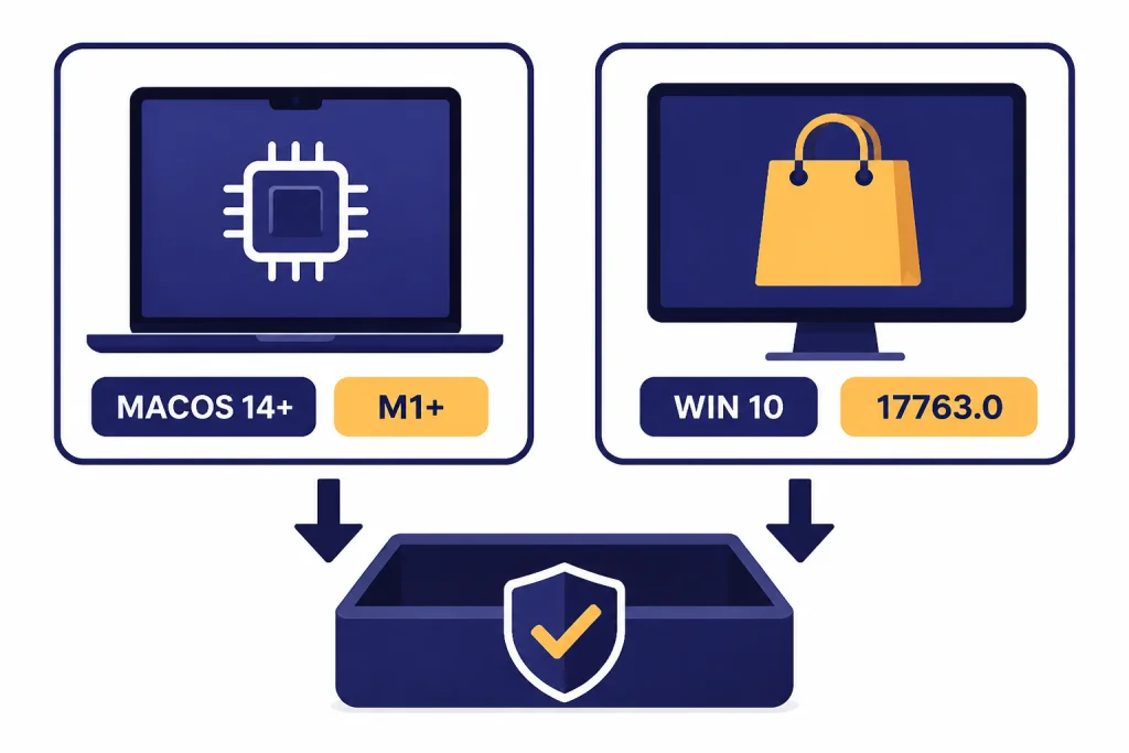 Desktop App Requirements Two desktop install panels labeled MACOS 14+, M1+, WIN 10, and 17763.0, pointing to a secure tray.
