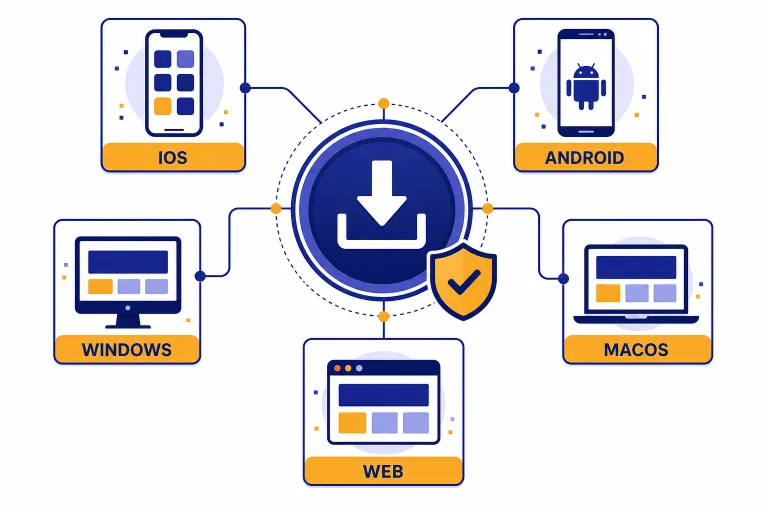 Secure download hub connected to device tiles labeled IOS, ANDROID, MACOS, WINDOWS, and WEB.