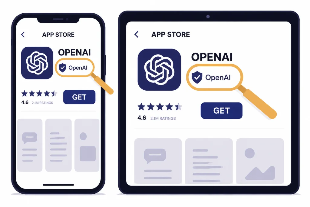 Phone and tablet store listing labeled APP STORE, OPENAI, and GET, with a magnifier on the publisher line.